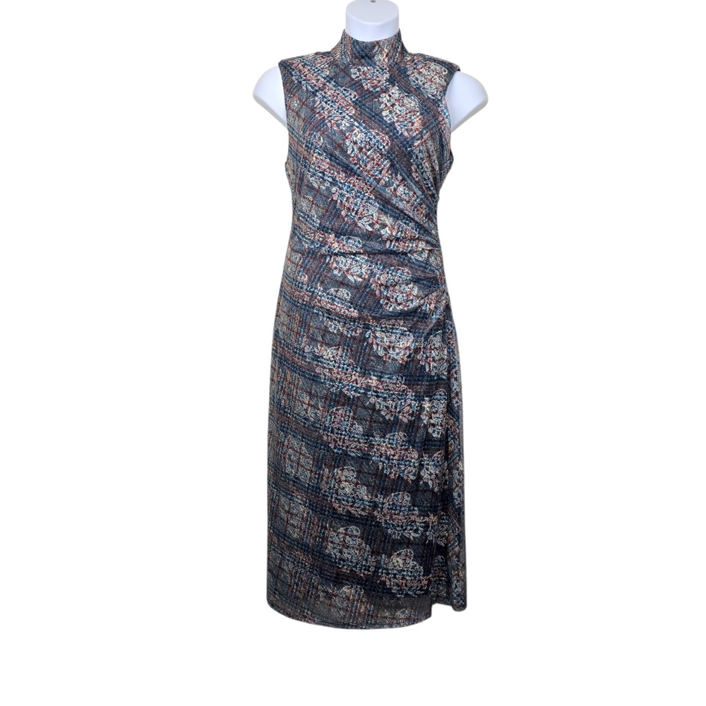 Ramy Brook Womens Sleeveless Plaid Floral Mesh Mock Neck Midi Dress Size 10 NWOT